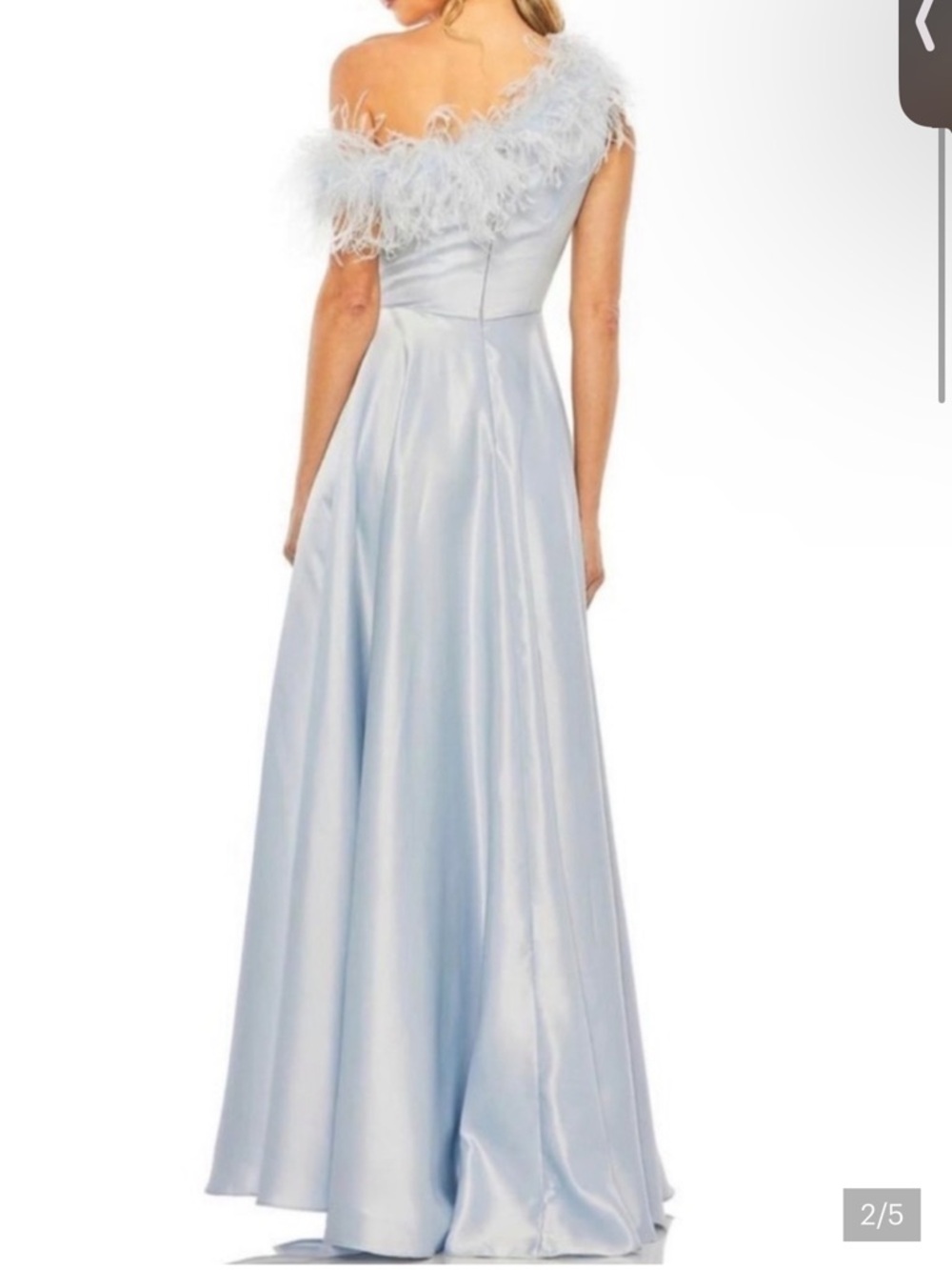 Mac Duggal Pale Blue One-Shoulder Satin Gown with Feather Trim - Picture 2 of 3